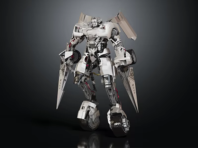 White Mechanical Robot Standing With Sharp Blades And Reflective Armor On Dark Background 3d model