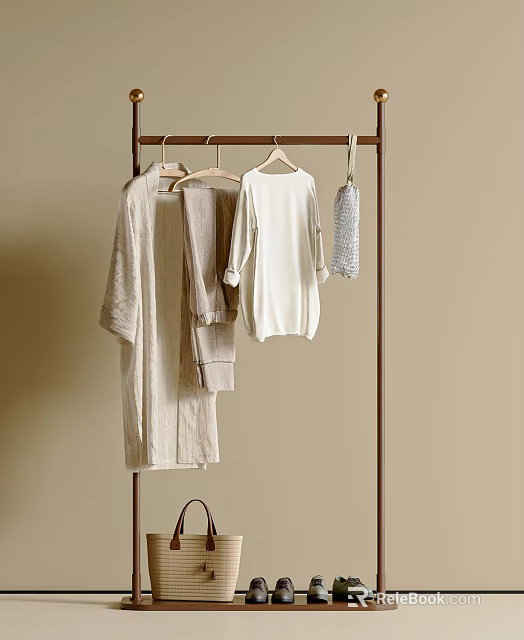 Wooden Clothes Rack With Hanging Beige Light Brown White Garments And Accessories 3d model 