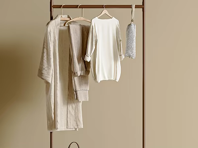 Wooden Clothes Rack With Hanging Beige Light Brown White Garments And Accessories 3d model
