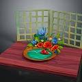 Decorative Wooden Platform Setup With Green Lattice Screen And Floral Water Basin