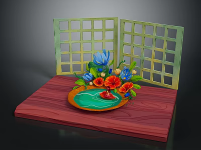 Decorative Wooden Platform Setup With Green Lattice Screen And Floral Water Basin 3d model