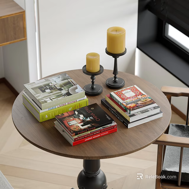 Colorful Books And Magazines On Round Wooden Table With Black Candle Holders And Yellow Candles 3d model 