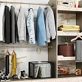 Organized Wardrobe Interior With Hanging Clothes Folded Towels Storage Basket And Accessories
