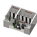 Public Restroom with Gray Wall Tiles Wash Basin Mirror Potted Plants Cubicles and Tile Floor