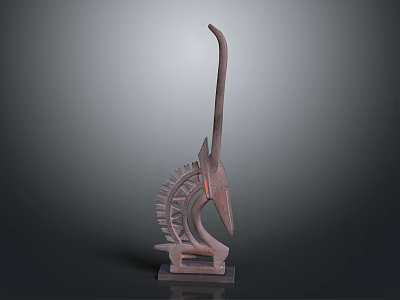 Ancient Handcrafted Weapon Featuring Curved Blade And Gear Like Decorative Wooden Structure 3d model