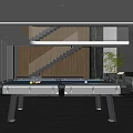 Modern Entertainment Room With Black Pool Table Dark Marble Flooring And Staircase