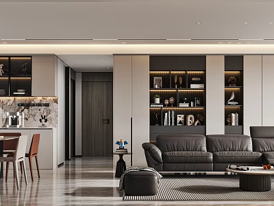 Modern Living Dining Room Interior With Leather Sofa Dining Table And Display Cabinets 3d model