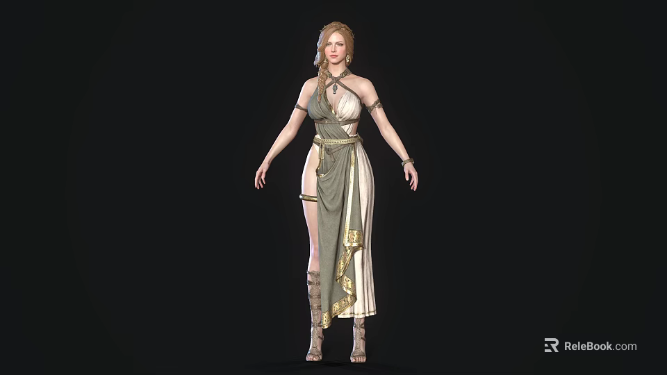 Elegant Woman In Ancient Style Dress With Golden Details And Blonde Braided Hair 3d model 