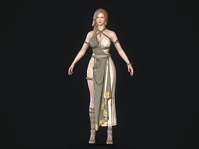 Elegant Woman In Ancient Style Dress With Golden Details And Blonde Braided Hair 3d model