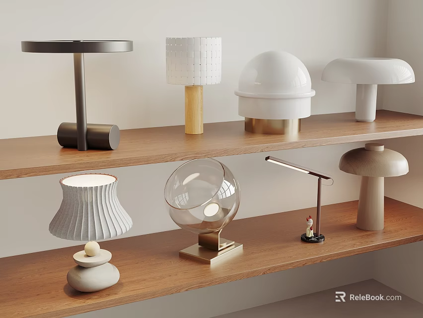 Various Modern Table Lamps Displayed On Wooden Shelf With Different Designs 3d model 