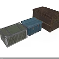 Three Different Colored Cargo Crates With Metal Texture And Storage Design