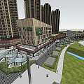 Modern High Rise Building Complex With Green Plaza Walkways And Water Features