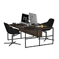 Modern Office Desk with Wooden Top Black Metal Frame Dual Monitors and Office Chairs