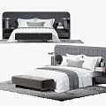 Modern Double Bed with Dark Headboard White Bedding Pillows Nightstands and Bench 3d model