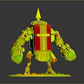 Horned Mechanical Character With Red Yellow Armor Black Arms And Green Base
