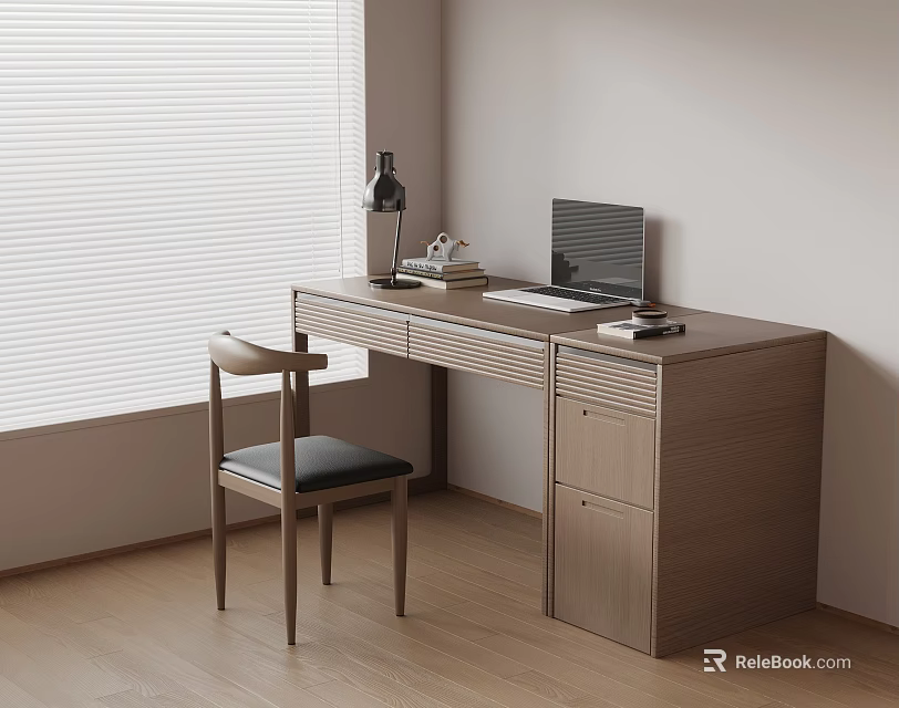 Modern Wooden Desk and Chair Set with Lamp Laptop Stationery Near Window Blinds 3d model 