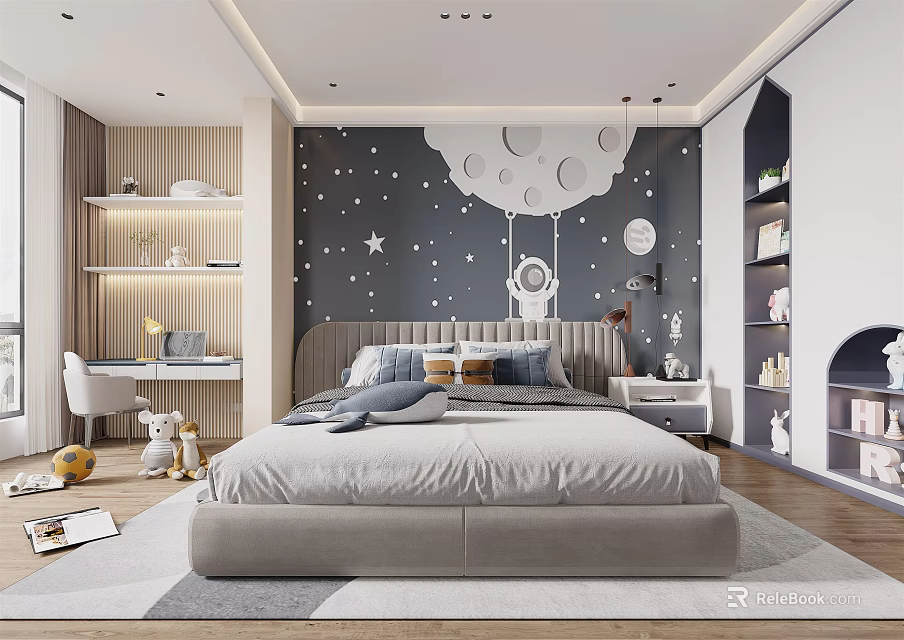 Kids Room Interior Design With Starry Wall Moon Pattern Astronaut Decor Bed And Desk 3d model 