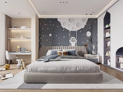 Kids Room Interior Design With Starry Wall Moon Pattern Astronaut Decor Bed And Desk 3d model