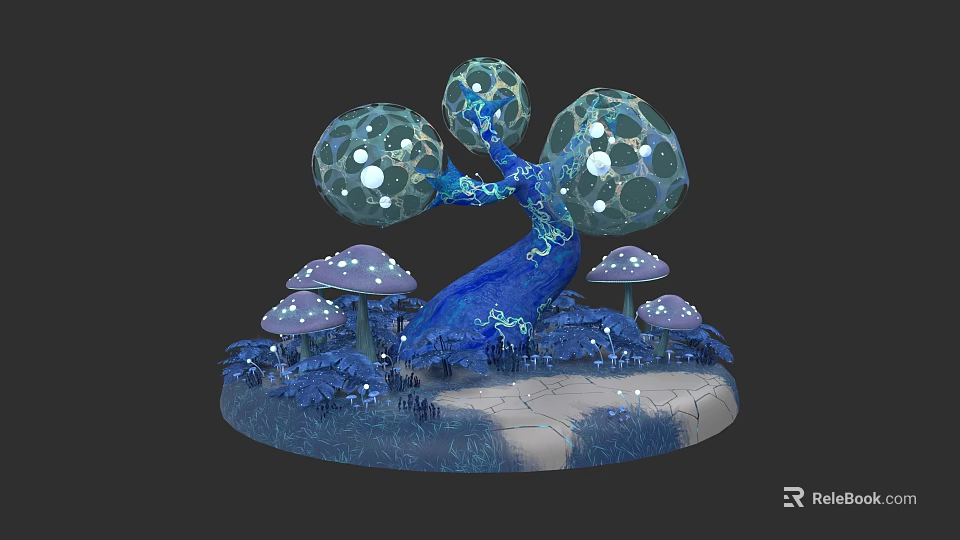 Plant Painting Featuring Blue Plant With Transparent Spherical Structures Purple Mushrooms And White Path 3d model 