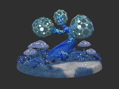 Plant Painting Featuring Blue Plant With Transparent Spherical Structures Purple Mushrooms And White Path 3d model