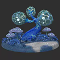 Plant Painting Featuring Blue Plant With Transparent Spherical Structures Purple Mushrooms And White Path
