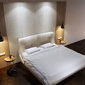 Modern Double Bed Interior Design With Upholstered Headboard Wall Lamps And Wooden Nightstands