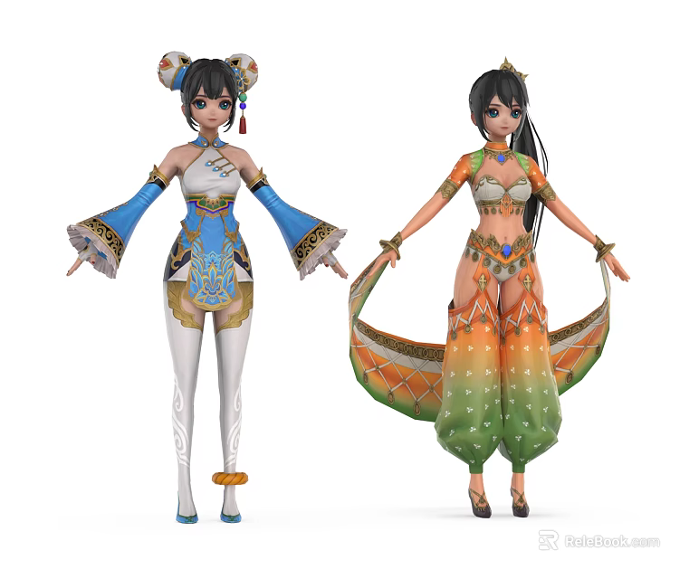 Game and Movie Characters in Elaborate Traditional Costumes with Vibrant Colorful Designs 3d model 