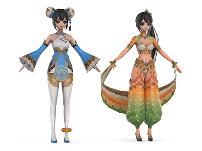 Game and Movie Characters in Elaborate Traditional Costumes with Vibrant Colorful Designs 3d model