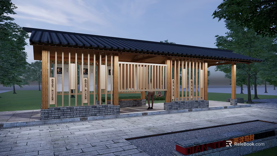 Traditional Chinese Pergola Featuring Wooden Structure Black Tiled Roof Vertical Slat Railings and Stone Base 3d model 