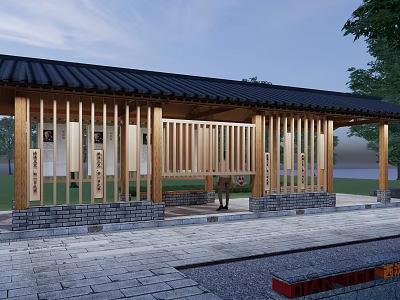 Traditional Chinese Pergola Featuring Wooden Structure Black Tiled Roof Vertical Slat Railings and Stone Base 3d model