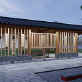 Traditional Chinese Pergola Featuring Wooden Structure Black Tiled Roof Vertical Slat Railings and Stone Base