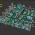 Cartoon Graveyard Scene with White Fence Blue Roof Tombstones Flaming Torches Green Ground Broken Pieces