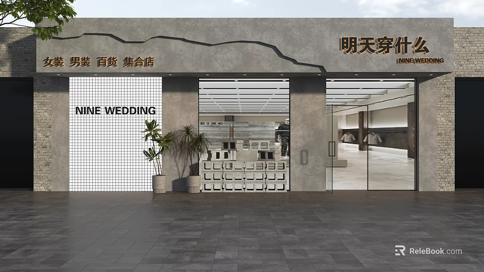 Shop Facade of Men's Store and Wedding Shop with Gray Wall Glass Door Potted Plants 3d model 