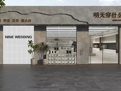 Shop Facade of Men's Store and Wedding Shop with Gray Wall Glass Door Potted Plants 3d model