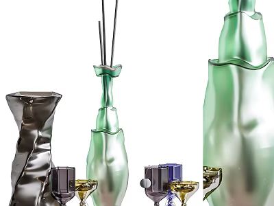 Modern Ornamental Decor Set With Green Glass Vases Reed Diffuser And Metal Holders 3d model