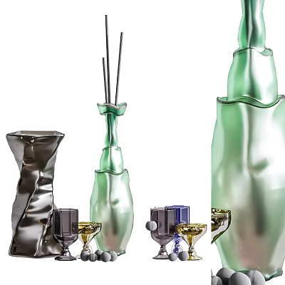 Modern Ornamental Decor Set With Green Glass Vases Reed Diffuser And Metal Holders 3d model