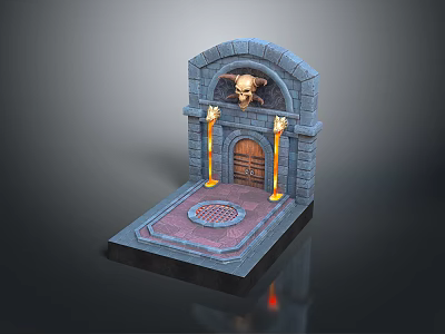 Dark Fantasy Stone Gate Scene Component With Arched Top Skull Decoration Wooden Door And Torches 3d model