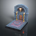 Dark Fantasy Stone Gate Scene Component With Arched Top Skull Decoration Wooden Door And Torches