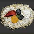 Delicious Coconut Flake Covered Cake Topped With Strawberry Orange Slice And Blueberries