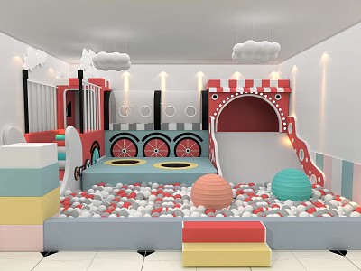 Colorful Indoor Playground With Ball Pit Slide Train Shaped Structure Cloud Decorations And Colorful Blocks 3d model