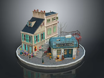 Parisian Street Scene Landscape with Cottage Cafe Green Shutters Sloped Roof and Circular Base 3d model