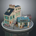 Parisian Street Scene Landscape with Cottage Cafe Green Shutters Sloped Roof and Circular Base