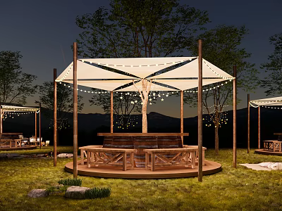 Campsite With White Tent Roof String Lights And Wooden Platform On Grassland 3d model