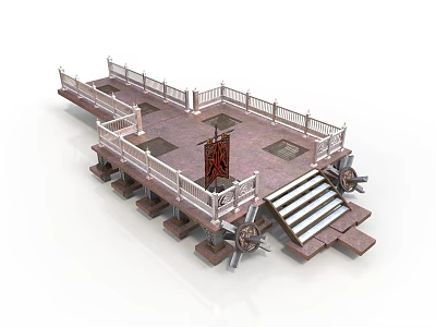 Architectural Platform Structure With Metal Railing Stone Staircase Red Banner And Support Wheels 3d model