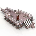Architectural Platform Structure With Metal Railing Stone Staircase Red Banner And Support Wheels