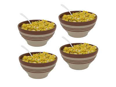 Fresh Yellow Corn Kernels in Brown Striped Bowls with White Spoons 3d model