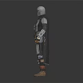 Helmeted Armored Warrior Standing With Small Green Alien Creature Companion