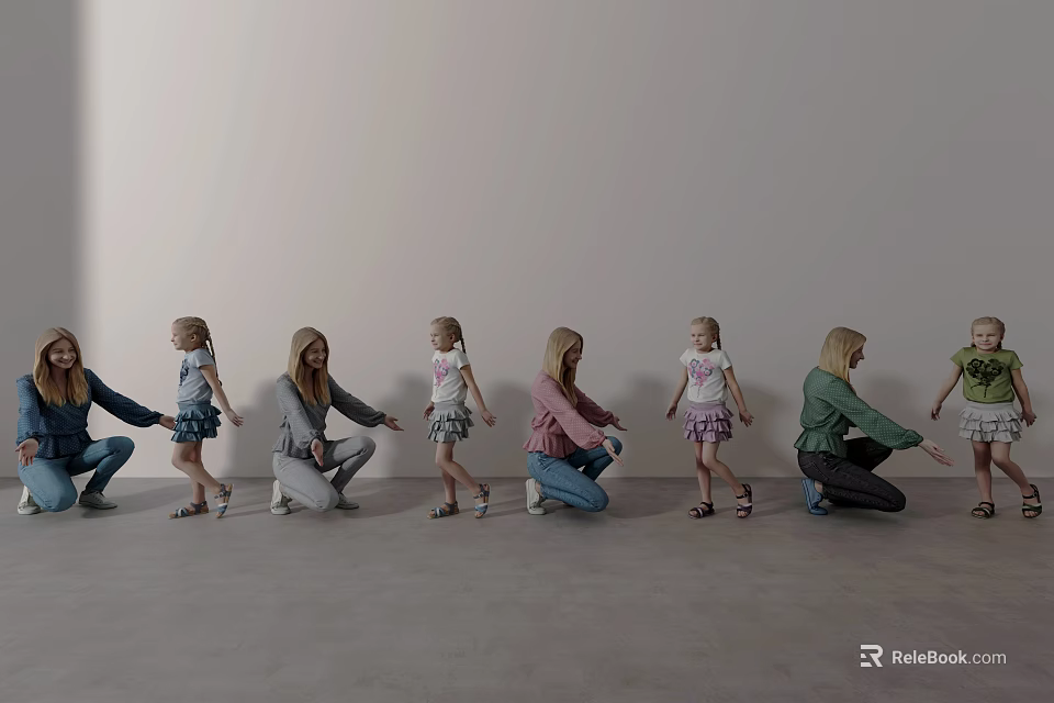 Women and Children Squatting Holding Hands in a Line Against Gray Wall and Floor 3d model 