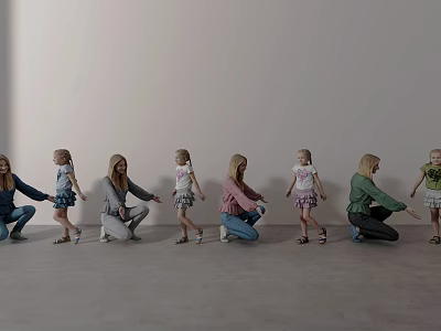 Women and Children Squatting Holding Hands in a Line Against Gray Wall and Floor 3d model