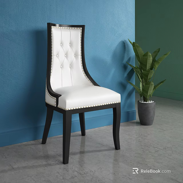 Accent Chair With White Diamond Tufted Backrest Dark Frame Green Plant And Blue Wall 3d model 